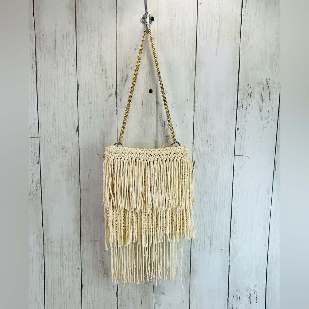 Handmade Macrame Purse with Fringe Cream Natural Color Adjustable Chain Strap